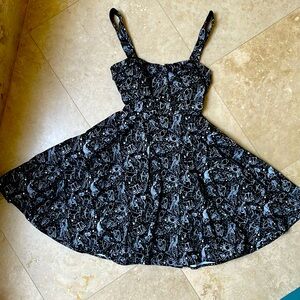 Black zodiac print vintage style circle skirt dress, Cotten sateen, made in US